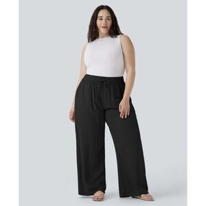 HALARA High Waisted Drawstring Linen-Feel Wide Leg Plus Black Pants Pockets 3X